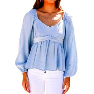 Fifty Street Blue Blouse W/ Tie Back Sweetheart Neck Elastic Shoulders M/L
